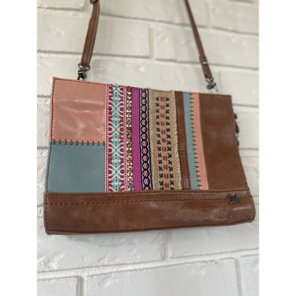 The‎ Sak Cognac/Multicolor Leather Patchwork Crossbody Zip Bag